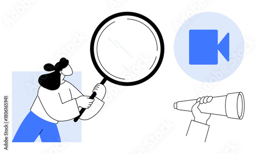 Woman holding a magnifying glass, telescopic lens in hand, and video camera icon. Ideal for research, exploration, discovery, learning, observation innovation technology. Simple flat metaphor