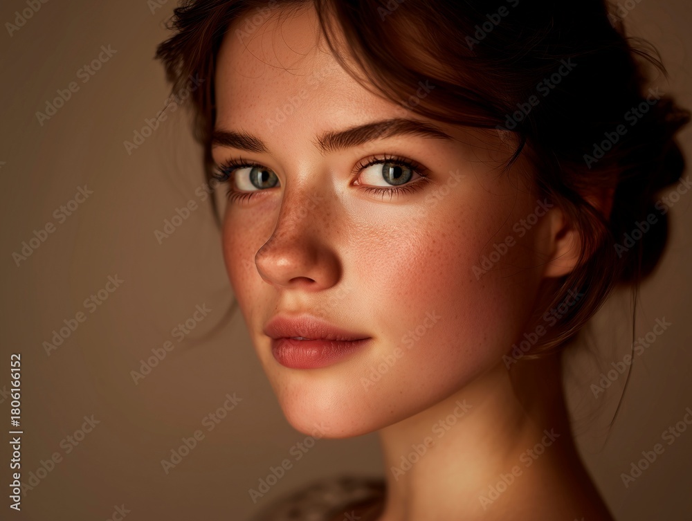 Naklejka premium Cinematic close-up portrait of a beautiful young woman with blue eyes and natural makeup in soft warm lighting