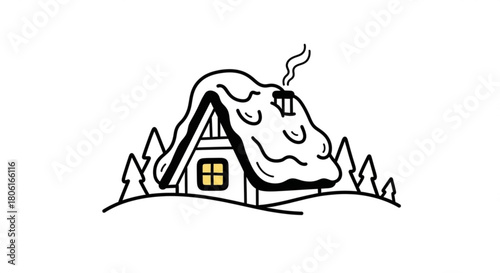 A charming winter cabin nestled among snowcovered trees, smoke gently rising from the chimney, isolated on a cozy retreat in a serene landscape