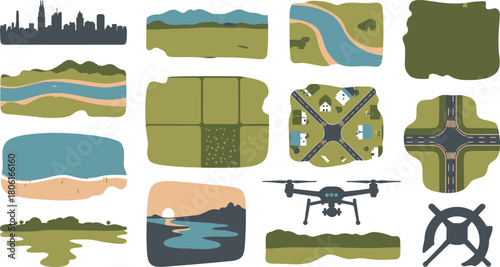 Stylized Aerial Views City Skyline, Nature Scenes, Drone, Roads, Sunset, And Beach Illustration