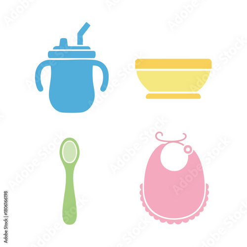 Colorful Baby Feeding Accessories Set with Sippy Cup Bowl and Bib.