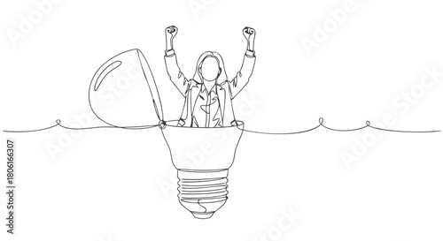 A dynamic continuous line illustration portraying a triumphant businesswoman emerging from an illuminated light bulb, symbolizing innovative ideas and the breakthrough to success