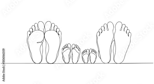 Continuous line drawing of a family's feet in silhouette, showcasing unity and togetherness with simple, elegant lines. f