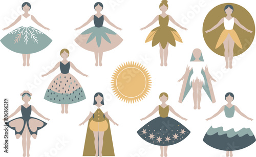 Stylized Ballerinas in Decorative Dresses with Nature Themes like Sun, Stars, Leaves and Petals