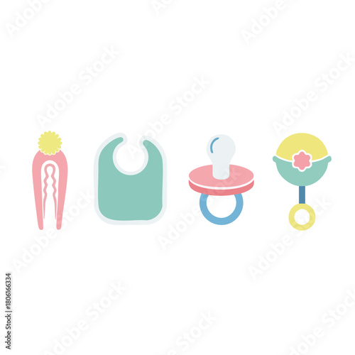 Colorful Baby Care Essentials Icon Set on White Background.