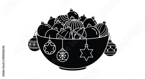A black and white illustration of a bowl overflowing with festive christmas ornaments and decorations