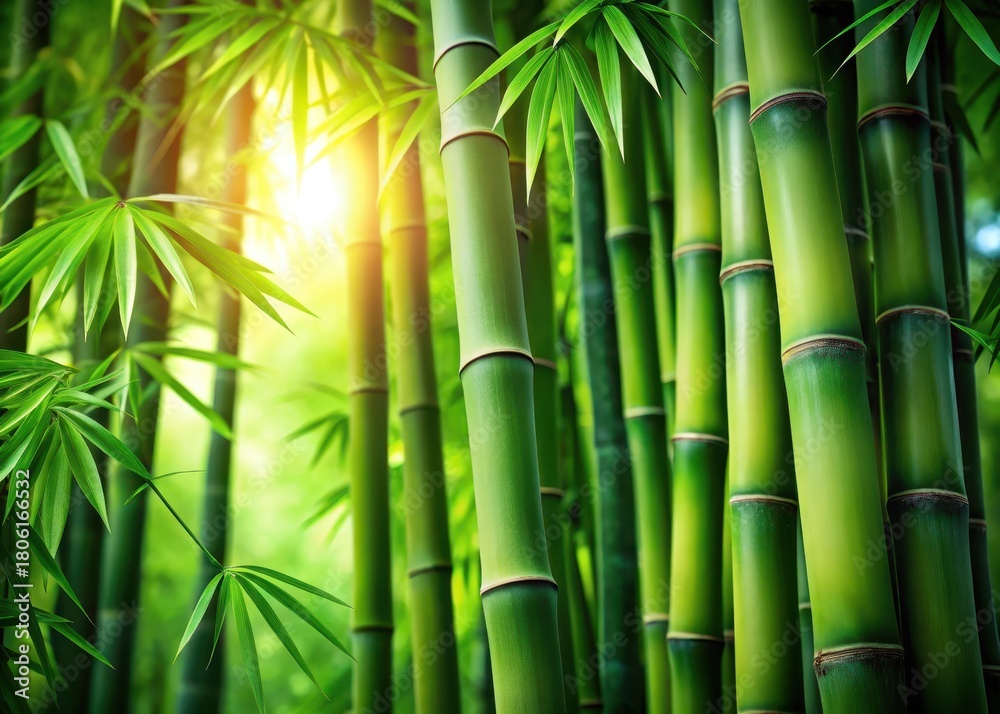 Fototapeta premium Amidst vibrant green foliage, a majestic stalk of bamboo bursts forth with tender, emerald shoots