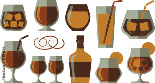 Stylized Liquor Collection Bottle, Varied Glassware, Ice Cubes, Straws, Orange Slices, and Decorative Swirls