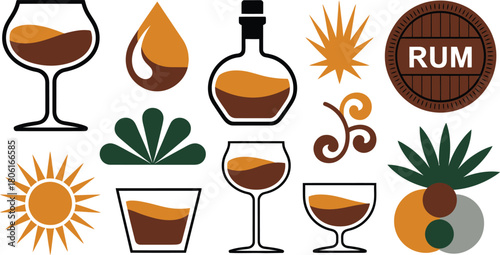 Stylized Rum Illustration with Glassware, Barrel, Tropical Elements, and Color Palette on White Background
