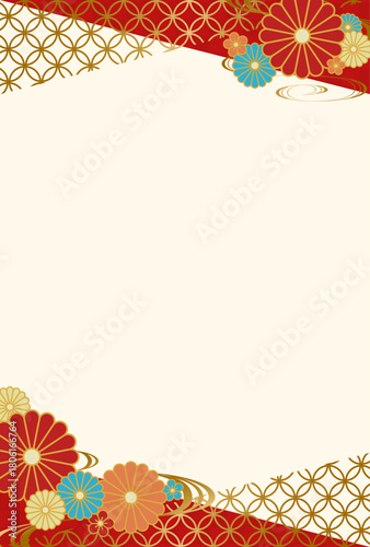 和柄と菊の花の背景フレーム　赤　金　縦