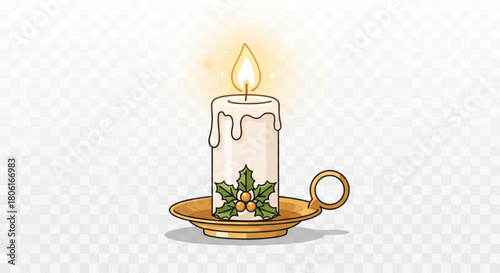 A festive christmas candle with holly berries on a gold candle holder, casting a warm glow, isolated on