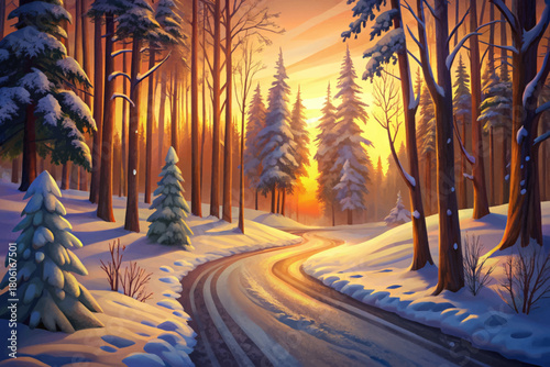 Snowy dirt road vector cartoon curving through winter woods glowing orange from sunset light