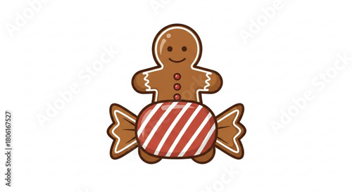 A delightful gingerbread man cookie sits atop a striped candy, creating a charming and festive holiday treat isolated on