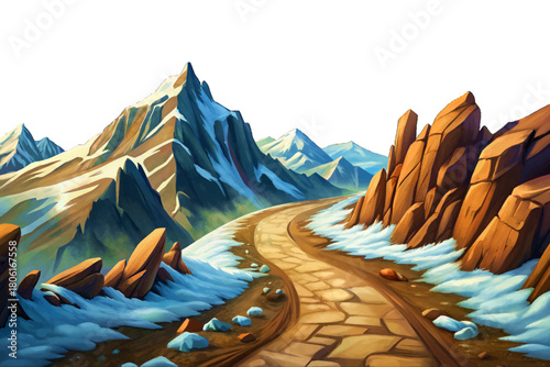 Steep dirt track climbing up rocky mountains landscape background, snow drifting across the ground and clouds touching peaks