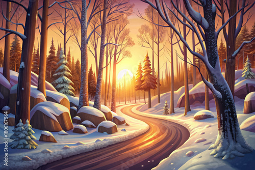 Snowy dirt road vector cartoon curving through winter woods glowing orange from sunset light