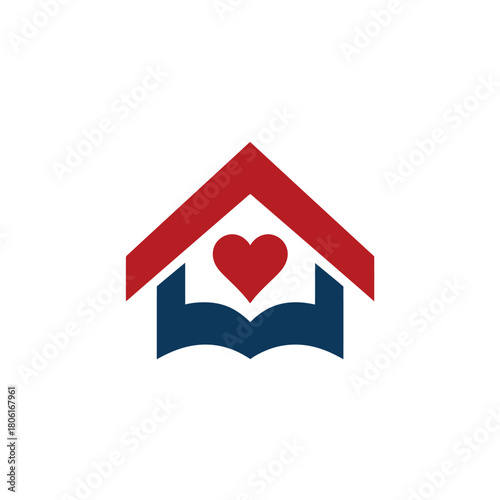 Abstract illustration of a house shape with a heart symbol and book