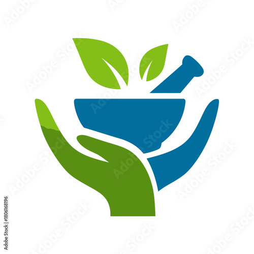 Abstract illustration of hands holding mortar and pestle with leaves