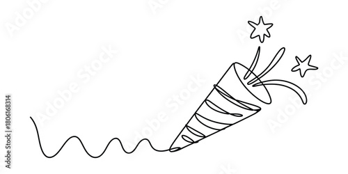 Continuous line drawing of a party popper with stars and streamers