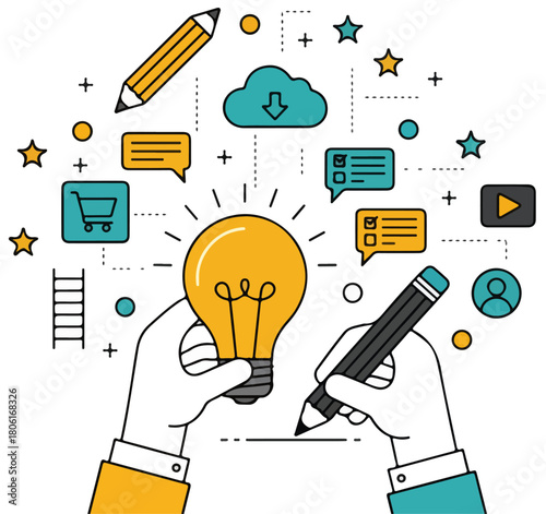 Modern Internet Services Vector Illustration: A Creative Concept of E-commerce, Cloud Computing, Social Media Integration, and Web Development for Digital Marketing Banners and Business Presentations.