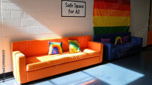 Safe space for all lounge with bright orange sofa and rainbow pillows creating welcoming inclusive community room