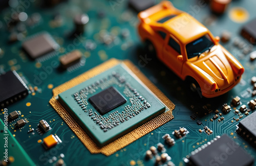 Toy car sits near central processing unit. Global chip shortage hits auto industry hard. Manufacturing microchips crucial for vehicle tech. Dearth impacts production. Computer chips supply crisis