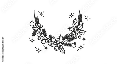 A festive christmas wreath with holly, berries, and pine branches, adorned with sparkling stars, creating a charming and whimsical holiday decoration isolated on
