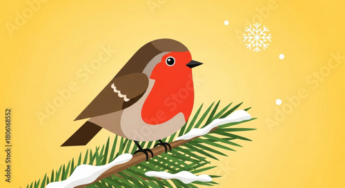 A delightful robin perched on a snowladen branch against a warm yellow backdrop, radiating a cheerful winter ambiance and festive spirit
