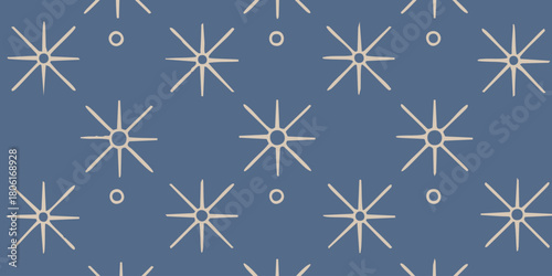 Elegant seamless geometric pattern featuring stylized starburst designs and subtle circular accents on a calming muted blue background, ideal for textile, wallpaper, or digital design applications