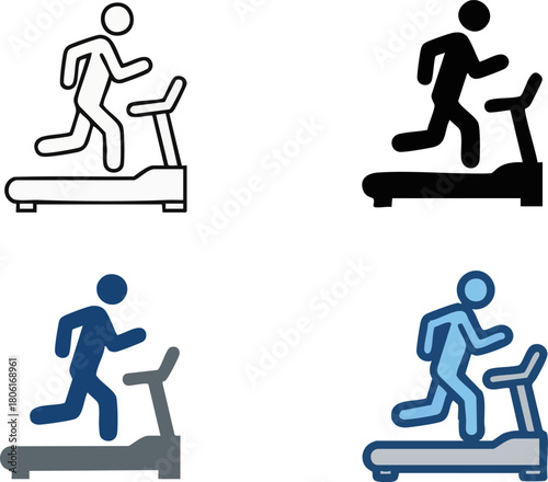 Vector icon set of a person running on a treadmill machine, symbolizing fitness, workout, and cardio exercise in a gym