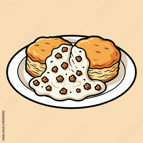 Cartoon illustration of two fluffy golden biscuits covered in creamy white sausage gravy on a white plate, a classic breakfast dish.