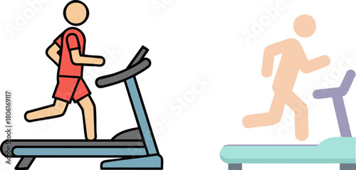 A collection of icons showing a person running on a treadmill, representing cardio workouts, gym exercise, and a healthy lifestyle, available in two distinct vector styles
