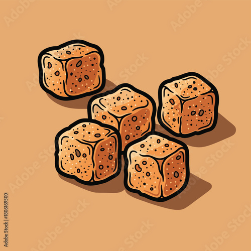 Five cartoonish brown cubes with speckles, possibly sugar or croutons, on a plain brown background.