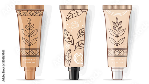 Elegant set of organic skincare tubes with botanical line art offers a touch of natural beauty and modern spa aesthetics for your brand