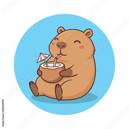 Cute cartoon capybara happily drinking coconut water with a straw and umbrella on a blue background.