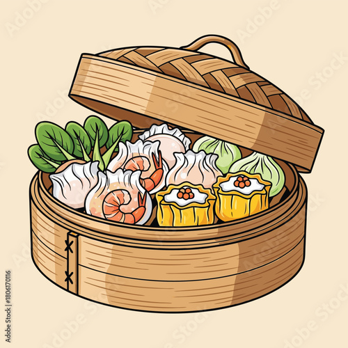 An illustration of a traditional bamboo steamer basket filled with various delicious dim sum, including shrimp dumplings and other steamed delicacies, with a partially open lid.