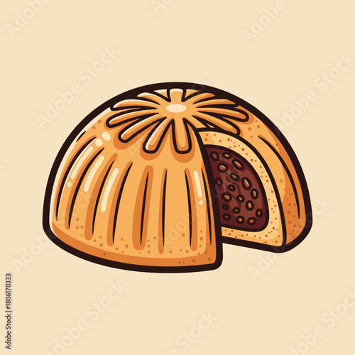 An illustration of a traditional Middle Eastern maamoul cookie, dome-shaped with a patterned top, cut open to reveal a rich date or nut filling.