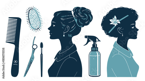 Chic salon style featuring elegant women with beautiful hairstyles, accompanied by scissors, comb, and spray, celebrating modern beauty and hair care
