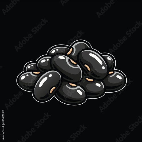 A vibrant cartoon illustration of a pile of glossy black beans with highlights on a dark background.