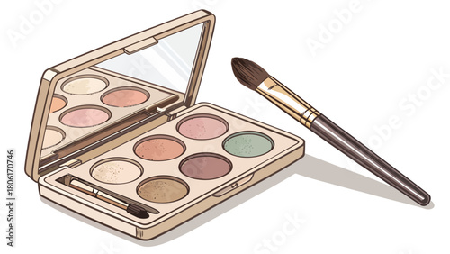 Elegant eyeshadow palette with brush, ready for a glamorous makeover, perfect for beauty tutorials, cosmetic advertising, and makeup artistry projects
