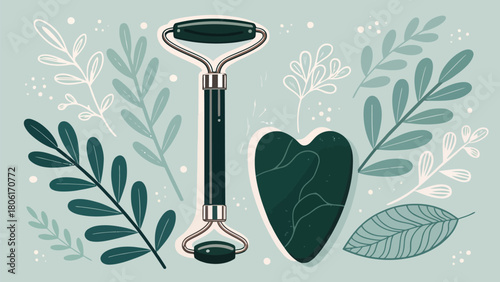Elevate Your Wellness Routine with a Jade Roller and Gua Sha Set Surrounded by Botanical Beauty, Perfect for Self-Care and Spa-Inspired Content