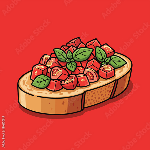 A cartoon illustration of a single piece of bruschetta with diced tomatoes and fresh basil leaves on toasted bread against a vibrant red background.