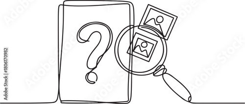 Continuous one line drawing of Paper document question mark photos with magnifying glass. one line Icon drawing with white background