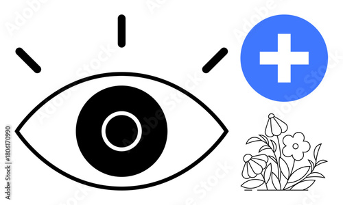Eye icon with rays, a plus sign symbolizing health, and floral elements signify vision care, healing, positivity, and nature. Ideal for health, vision, wellness medicine growth mindfulness simple
