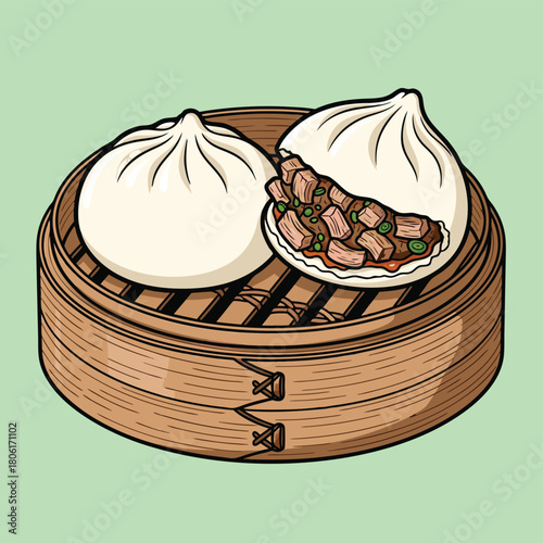 Two delicious steamed buns, one cut open to show savory meat filling, served in a traditional bamboo steamer basket.