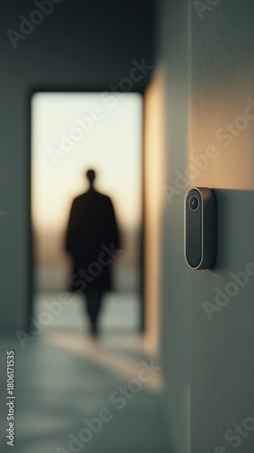 Smart home security camera mounted on wall, capturing silhouette of a person in doorway, showcasing modern technology and home safety concept with ambient lighting