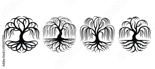 Stylized Willow Tree of Life Silhouettes - Circular Root Vector Set