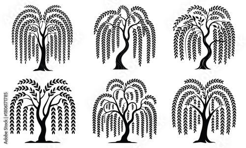 Weeping Willow Tree Silhouette Vector Set - Black and White Nature Icons