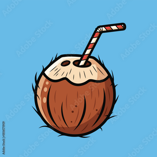 Cartoon illustration of a fresh brown coconut drink with a red and white striped straw against a light blue background.