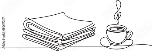 Continuous one line drawing of a stack of news newspapers with cup of coffee. one line Icon drawing with white background