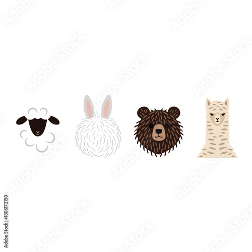 Cute fluffy animal heads collection including sheep rabbit bear and llama.